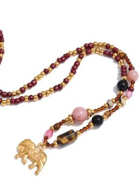 Gold Elephant Pendant Necklace – Beaded Tiger Stone & Multi-Color Accent Design
